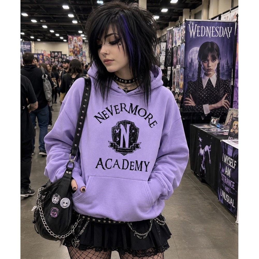 Wednesday Nevermore Academy Hoodie‎ Women M Lavender Emo Goth Adams Family Jenna